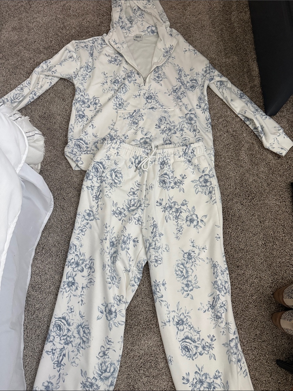 BKE Cream Hooded Pajama Set with Blue Floral Print
